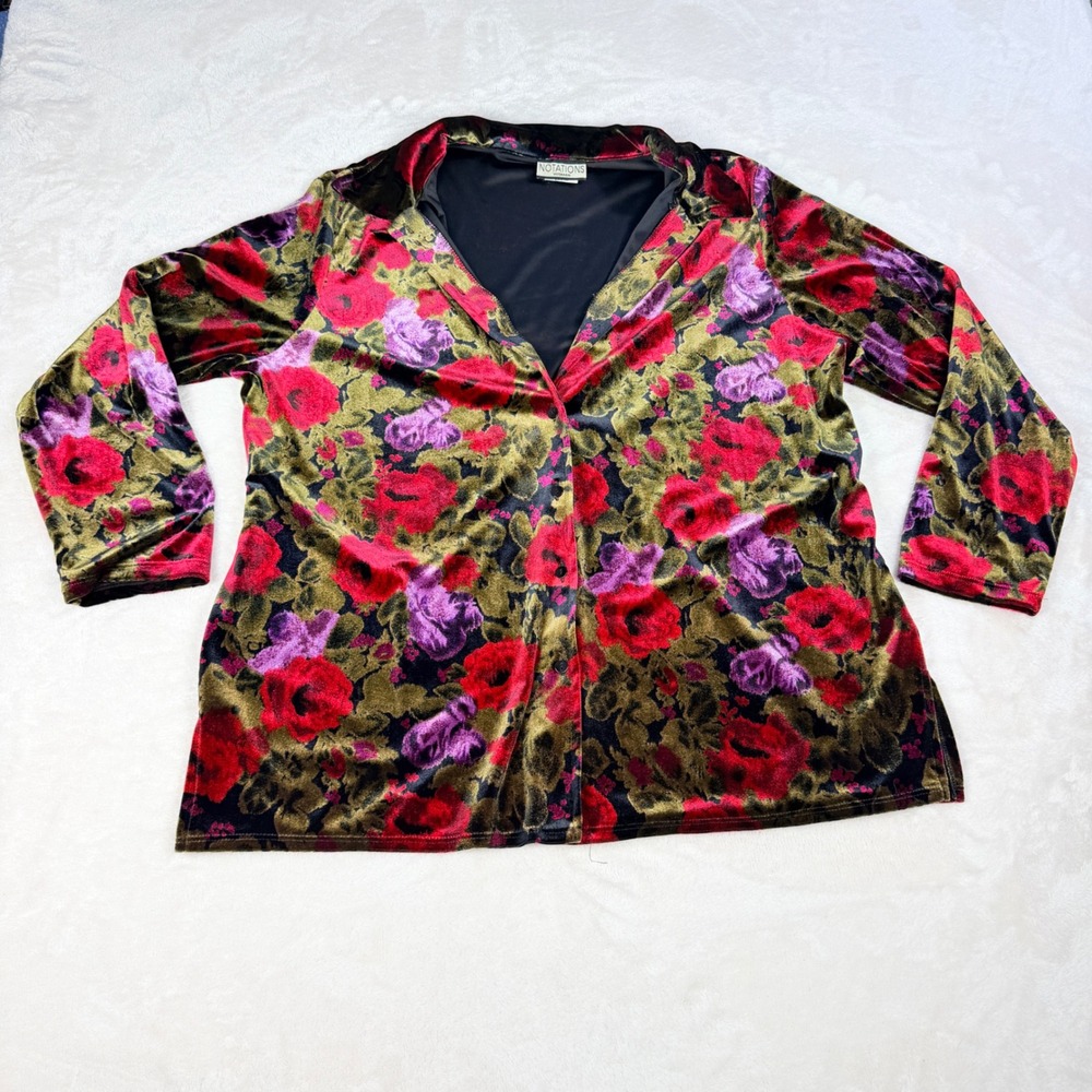 Notations Woman Velvet Floral Top 1X Red Purple Rose Stretch Button Front